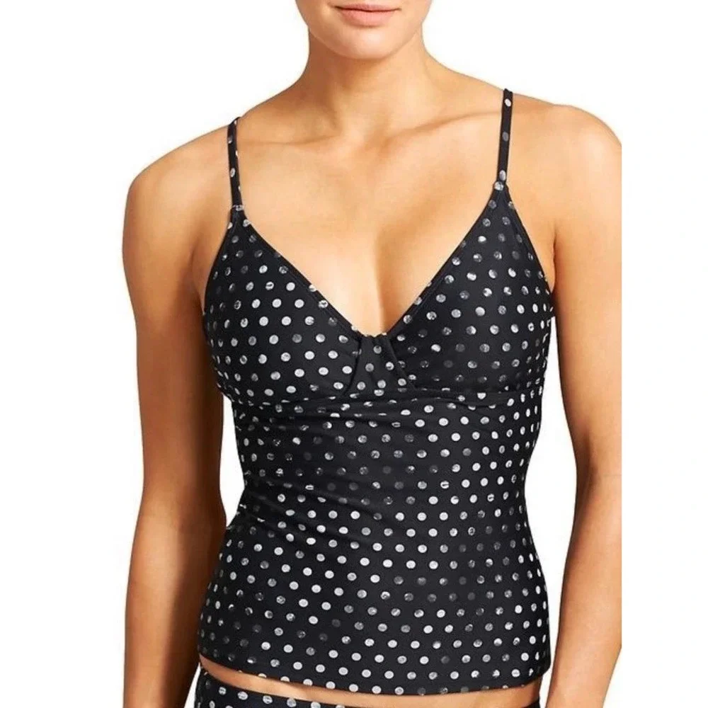 Athleta Tankini Swimsuit Black Polka Dot Side Tie Bikini Bottom 2pc Set Medium